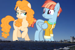 Size: 2048x1365 | Tagged: safe, artist:phucknuckl, artist:thebosscamacho, edit, editor:jaredking779, imported from derpibooru, pear butter, windy whistles, earth pony, pegasus, pony, duo, duo female, female, giant pony, giantess, grin, highrise ponies, irl, japan, looking at you, macro, mare, photo, ponies in real life, smiling, tokyo