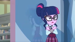 Size: 2160x1200 | Tagged: safe, imported from derpibooru, screencap, sci-twi, twilight sparkle, human, equestria girls, friendship games, clothes, crystal prep academy, crystal prep academy uniform, female, glasses, hair bun, necktie, school, school uniform, schoolgirl, solo, song, what more is out there