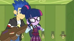 Size: 2160x1203 | Tagged: safe, imported from derpibooru, screencap, flash sentry, sci-twi, twilight sparkle, human, equestria girls, friendship games, bag, canterlot high, clothes, crystal prep academy uniform, female, glasses, guitar case, hair bun, jacket, leather jacket, lockers, magic capture device, male, necktie, school, school uniform, schoolgirl, shirt, t-shirt