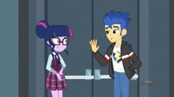 Size: 2160x1203 | Tagged: safe, imported from derpibooru, screencap, flash sentry, sci-twi, twilight sparkle, human, equestria girls, friendship games, canterlot high, clothes, crystal prep academy uniform, door, female, glasses, hair bun, jacket, leather jacket, magic capture device, male, necktie, school, school uniform, schoolgirl, shirt, t-shirt