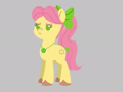 Size: 2048x1536 | Tagged: safe, artist:allisonpopick, imported from derpibooru, earth pony, pony, angry, beady eyes, bow, chibi, g5, gray background, grumpy, hair bow, jewelry, necklace, posey bloom, posey bloom is not amused, scowl, simple background, solo, tail, tail bow, unamused