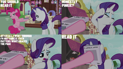 Size: 2000x1125 | Tagged: safe, edit, edited screencap, editor:quoterific, imported from derpibooru, screencap, pinkie pie, rarity, earth pony, pony, unicorn, it isn't the mane thing about you, magazine, newsstand