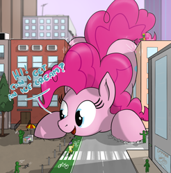 Size: 1896x1925 | Tagged: safe, artist:qkersnll, imported from derpibooru, pinkie pie, oc, oc:anon, earth pony, human, pony, city, female, giant pony, giantess, macro, mare, selfie