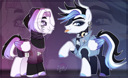 Size: 6192x3792 | Tagged: safe, artist:anriemper, imported from derpibooru, oc, pegasus, pony, adoptable, blue background, blue mane, ear piercing, looking at you, piercing, pink background, pink mane, punk, simple background, smiling