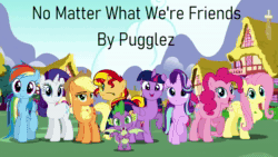 Size: 1920x1080 | Tagged: safe, artist:pugglez, artist:user15432, imported from derpibooru, applejack, fluttershy, pinkie pie, rainbow dash, rarity, spike, starlight glimmer, sunset shimmer, twilight sparkle, alicorn, dragon, earth pony, pegasus, pony, unicorn, anime reference, link in description, looking at you, love live!, mane seven, mane six, mountain, music, no matter what we're friends, one eye closed, open mouth, open smile, ponyville, smiling, smiling at you, song, sound, sound only, twilight sparkle (alicorn), webm, winged spike, wings, wink, winking at you, youtube link