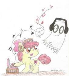 Size: 1350x1488 | Tagged: safe, artist:thepuzzleprincess, imported from derpibooru, apple bloom, earth pony, ghost, pony, undead, crossover, duo, eyes closed, female, filly, foal, headphones, music, napstablook, traditional art, undertale