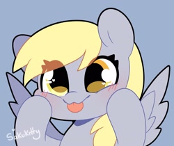 Size: 2048x1721 | Tagged: safe, artist:sakukitty, imported from derpibooru, derpy hooves, pegasus, pony, :p, blushing, cute, derpabetes, female, mare, mlem, signature, silly, simple background, solo, spread wings, tongue out, wings