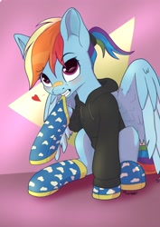 Size: 2480x3508 | Tagged: safe, artist:db, imported from derpibooru, rainbow dash, pegasus, pony, bandaid, bandaid on nose, clothes, cute, gradient background, hoodie, ponytail, socks, solo, wings