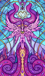 Size: 3500x5833 | Tagged: safe, artist:rocket-lawnchair, imported from derpibooru, princess cadance, alicorn, pony, absurd resolution, angel, biblically accurate angels, female, mare, multiple eyes, multiple wings, solo, spread wings, stained glass, wings