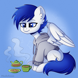 Size: 2500x2500 | Tagged: safe, artist:madelinne, imported from derpibooru, oc, oc only, pegasus, pony, blue eyes, clothes, cup, high res, hoodie, partially open wings, signature, sitting, solo, teacup, wings