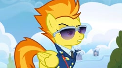 Size: 2160x1199 | Tagged: safe, imported from derpibooru, screencap, spitfire, pegasus, pony, top bolt, clothes, drill sergeant, female, necktie, needs more jpeg, solo, suit, sunglasses, uniform, whistle, whistle necklace, wonderbolts dress uniform