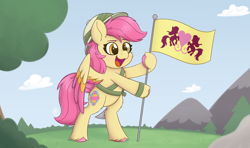 Size: 3660x2160 | Tagged: safe, artist:msaniiart, imported from derpibooru, patch (g1), pegasus, pony, my little pony tales, cloud, female, flag, flag pole, g1, g1 to g4, g4, generation leap, grass, high res, mare, mountain, open mouth, partially open wings, scenery, signature, sky, solo, wings