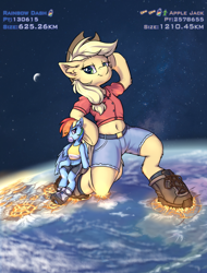 Size: 1556x2048 | Tagged: safe, artist:ravistdash, imported from derpibooru, applejack, rainbow dash, earth pony, pegasus, semi-anthro, belly button, bipedal, boots, city, clothes, destruction, earth, fetish, growth drive, hoofprints, macro, raised hoof, satellite, shoes, smiling, smirk, sneakers, space, text, underhoof