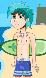 Size: 670x1142 | Tagged: safe, artist:ocean lover, imported from derpibooru, sandbar, human, beach, belly, belly button, chest, cliff, green eyes, hair over one eye, human coloration, humanized, jewelry, looking at you, male, ms paint, necklace, ocean, outdoors, sand, seashell, shiny skin, skinny, sky, smiling, solo, summer, surfboard, swimming trunks, swimsuit, teenager, water