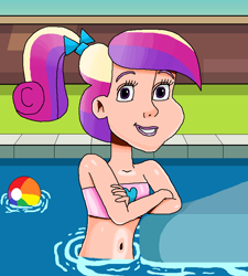 Size: 714x794 | Tagged: safe, artist:ocean lover, imported from derpibooru, princess cadance, human, bandeau, bare midriff, beautiful, beautiful eyes, beautiful hair, beautisexy, belly, belly button, bikini, bikini top, bow, brick wall, clothes, crossed arms, cute, cutedance, female, floaty, gradient hair, grass, hair bow, happy, heart, human coloration, humanized, lips, looking at you, midriff, ms paint, multicolored hair, outdoors, pink bikini, ponytail, pool toy, pose, pretty, princess of love, purple eyes, sky, smiling, smiling at you, solo, spring break, summer, swimming, swimming pool, swimsuit, teen princess cadance, teenager, wall, water, young, young cadance, younger