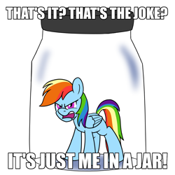 Size: 900x900 | Tagged: safe, artist:unitxxvii, imported from derpibooru, rainbow dash, pegasus, pony, caption, female, image macro, jar, lewd container meme, pony in a bottle, solo, text