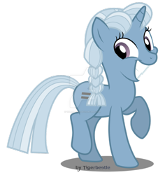 Size: 869x920 | Tagged: dead source, safe, artist:tigerbeetle, imported from derpibooru, trixie, pony, unicorn, season 5, the cutie map, blue mane, blue tail, braid, desaturated, deviantart watermark, equal cutie mark, equalized, female, forced smile, looking back, mare, obtrusive watermark, prancing, purple eyes, raised hoof, shadow, simple background, smiling, solo, source in the description, stepford smiler, tail, transparent background, trotting, two toned mane, two toned tail, watermark, wide smile