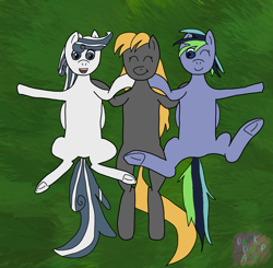 Size: 3523x3451 | Tagged: safe, artist:darkderp, imported from derpibooru, oc, oc only, oc:dark derp, oc:golden glory, oc:lil cloudy, earth pony, pegasus, pony, cute, female, grass, lying down, mare, on back, underhoof