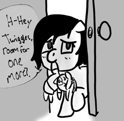 Size: 599x583 | Tagged: safe, artist:zan logemlor, imported from derpibooru, oc, oc:filly anon, earth pony, pony, dialogue, door, earth pony oc, female, filly, foal, grayscale, implied twilight sparkle, monochrome, mouth hold, plushie, solo, speech bubble, talking