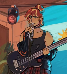 Size: 1849x2048 | Tagged: safe, artist:cardigansandcats, artist:suntwiilight, imported from derpibooru, sunset shimmer, human, equestria girls, bass guitar, clothes, female, jacket, leather, leather jacket, musical instrument, solo, tanktop