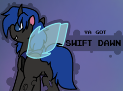 Size: 800x592 | Tagged: safe, artist:soupafterdark, imported from derpibooru, oc, oc only, oc:swift dawn, changeling, banned from equestria daily, blue background, blue changeling, changeling oc, commission, fangs, horn, looking at you, looking over shoulder, rear view, simple background, smiling, splash art, style emulation, text, wings, ya got