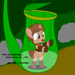 Size: 4000x4000 | Tagged: safe, artist:peternators, imported from derpibooru, oc, oc only, oc:heroic armour, pony, unicorn, armor, bipedal, boots, colt, foal, leather, leather armor, male, monologue, pitcher plant, plant, shoes, talking, text