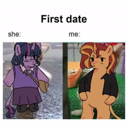 Size: 2048x2048 | Tagged: safe, artist:cardigansandcats, imported from derpibooru, sci-twi, sunset shimmer, twilight sparkle, pony, unicorn, equestria girls, clothes, duo, female, lesbian, meme, photo, scitwishimmer, shipping, sunsetsparkle