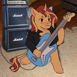Size: 2048x2048 | Tagged: safe, artist:cardigansandcats, imported from derpibooru, sunset shimmer, pony, unicorn, equestria girls, amplifier, cute, guitar, leonine tail, musical instrument, photo, smiling, solo, tail