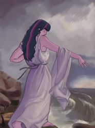 Size: 1512x2048 | Tagged: safe, artist:cardigansandcats, imported from derpibooru, twilight sparkle, human, equestria girls, barefoot, clothes, feet, fine art parody, painting, side view, solo, standing, the death of sappho