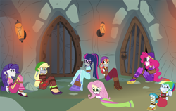 Size: 10000x6312 | Tagged: safe, artist:brightstar40k, imported from derpibooru, applejack, fluttershy, pinkie pie, rainbow dash, rarity, sci-twi, sunset shimmer, twilight sparkle, human, equestria girls, movie magic, spoiler:eqg specials, bondage, bound and gagged, cloth gag, clothes, dress, gag, humane five, humane seven, humane six, india movie set, long dress, long skirt, over the nose gag, skirt, tied up