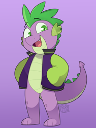 Size: 1180x1561 | Tagged: safe, artist:2k.bugbytes, imported from derpibooru, spike, dragon, clothes, fangs, gradient background, jacket, male, open mouth, open smile, smiling, solo, varsity jacket