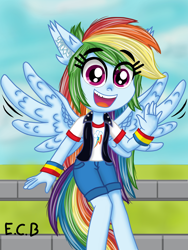 Size: 3000x4000 | Tagged: safe, artist:estrellasombria, imported from derpibooru, rainbow dash, human, equestria girls, female, looking at you, open mouth, open smile, palindrome get, ponied up, smiling, solo, waving, waving at you