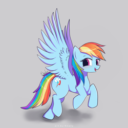Size: 1280x1280 | Tagged: safe, artist:nnaly, imported from derpibooru, rainbow dash, pegasus, pony, female, gray background, mare, open mouth, simple background, solo, spread wings, wings
