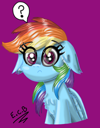 Size: 2900x3700 | Tagged: safe, artist:estrellasombria, imported from derpibooru, rainbow dash, pegasus, pony, chest fluff, confused, floppy ears, purple background, question mark, simple background, solo
