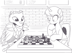 Size: 1754x1305 | Tagged: safe, artist:nauyaco, imported from derpibooru, oc, bird, owl, pony, unicorn, chess, chessboard, female, mare, monochrome