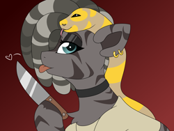 Size: 8000x6000 | Tagged: safe, artist:crazysketch101, imported from derpibooru, oc, snake, zebra, african, bust, clothes, collar, dreadlocks, ear piercing, earring, heart, jewelry, knife, piercing, portrait, shirt, solo, tongue out