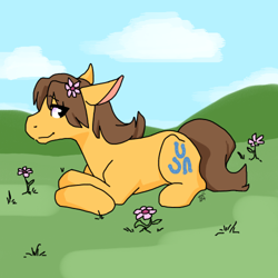 Size: 500x500 | Tagged: safe, artist:sinclair2013, imported from derpibooru, caramel, earth pony, pony, eye clipping through hair, flower, flower in hair, lying down, male, prone, solo, stallion