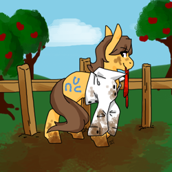 Size: 500x500 | Tagged: safe, artist:sinclair2013, imported from derpibooru, caramel, earth pony, pony, apple, apple tree, clothes, eye clipping through hair, eyebrows, eyebrows visible through hair, fence, male, mouth hold, mud, muddy, necktie, shirt, solo, stallion, tree