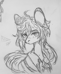 Size: 960x1152 | Tagged: safe, artist:starkey, imported from derpibooru, pony, braid, braided tail, bust, clothes, ear fluff, ear piercing, earring, emotionless, genshin impact, jewelry, paper, piercing, ponified, portrait, sketch, solo, starkey, tail, traditional art, zhongli (genshin impact)