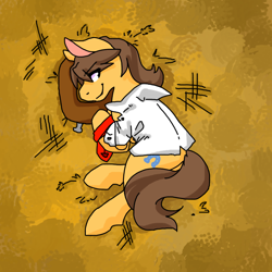 Size: 1280x1280 | Tagged: safe, alternate version, artist:sinclair2013, imported from derpibooru, caramel, earth pony, pony, butt, clothes, eye clipping through hair, eyebrows, eyebrows visible through hair, lying down, male, necktie, on side, plot, shirt, solo, stallion, tied up