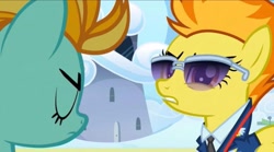 Size: 2160x1205 | Tagged: safe, imported from derpibooru, screencap, lightning dust, spitfire, pegasus, pony, wonderbolts academy, clothes, drill sergeant, female, necktie, suit, sunglasses, uniform, whistle, whistle necklace, wonderbolts dress uniform