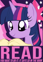 Size: 3874x5534 | Tagged: safe, artist:chingilin, imported from derpibooru, twilight sparkle, book, caption, image macro, pink text, poster, read, solo