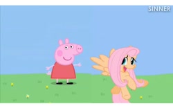 Size: 719x439 | Tagged: safe, fluttershy, anthro, pegasus, pig, pony, flower, for kids only, grass, peppa pig, pink mane, red dress, sinner ytp, sky, yellow skin