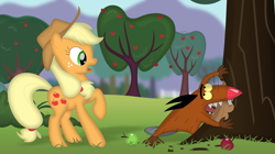 Size: 3517x1968 | Tagged: safe, artist:porygon2z, imported from derpibooru, applejack, beaver, earth pony, pony, angry beavers, apple, apple tree, crossover, daggett doofus beaver, duo, eating, female, food, male, mare, sweet apple acres, tree