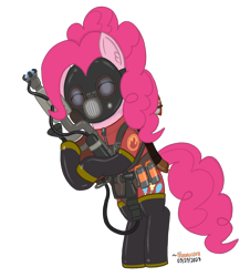 Size: 1056x1166 | Tagged: safe, artist:bloonacorn, pinkie pie, earth pony, pony, /mlp/ tf2 general, bipedal, clothes, ear fluff, eyes closed, female, flamethrower, gas mask, mare, mask, pinkie pyro, pyro, simple background, solo, team fortress 2, transparent background, uniform, weapon
