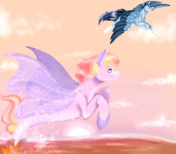 Size: 2980x2604 | Tagged: safe, artist:inisealga, imported from derpibooru, oc, oc only, oc:radiant daylight, oc:soaring spirit, hippogriff, pegasus, seapony (g4), cloud, coat markings, colored wings, duo, duo male and female, female, flying, glasses, hippogriff oc, male, mare, markings, multicolored hair, multicolored mane, multicolored tail, multicolored wings, ocean, pegasus oc, raffle, raffle prize, raffle winner, sky, socks (coat markings), spread wings, stallion, sunset, tail, water, wings