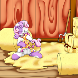 Size: 3000x3000 | Tagged: safe, artist:pvryohei, imported from derpibooru, part of a set, scootaloo, sweetie belle, cow, cow pony, pony, unicorn, age regression, barn, bell, bell collar, butt, calf, clopfic in description, collar, commission, cowbell, cowbelle, cowified, dock, duo, duo female, eyes closed, featureless crotch, female, hay, hay bale, licking, pitchfork, plot, scootamoo, species swap, story included, tail, tongue out, transformation, udder, younger