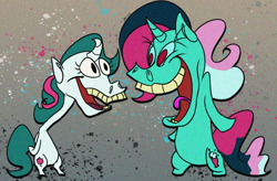 Size: 1644x1080 | Tagged: safe, artist:imiya, imported from derpibooru, fizzy, gusty, anthro, unicorn, duo, g1, happy happy joy joy, open mouth, ren and stimpy, style emulation