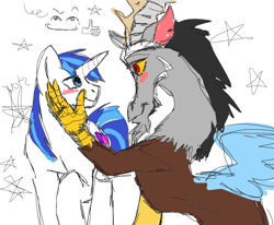 Size: 800x658 | Tagged: safe, imported from derpibooru, discord, shining armor, draconequus, pony, unicorn, blushing, gay, infidelity, looking at each other, looking at someone, male, shiningcord, shipping, simple background, stallion, white background