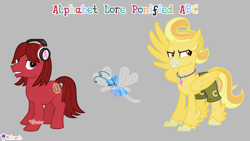 Size: 7111x4000 | Tagged: safe, artist:melisareb, imported from derpibooru, part of a set, breezie, earth pony, hippogriff, pony, .svg available, 16:9, a, absurd resolution, alphabet lore, breeziefied, c, clothes, crossover, flying, gray background, headphones, hippogriffied, jewelry, male, necklace, one wing out, ponified, scarf, shorts, simple background, species swap, stallion, sticky note, teeth, trio, trio male, vector, watch, wings, 🅱